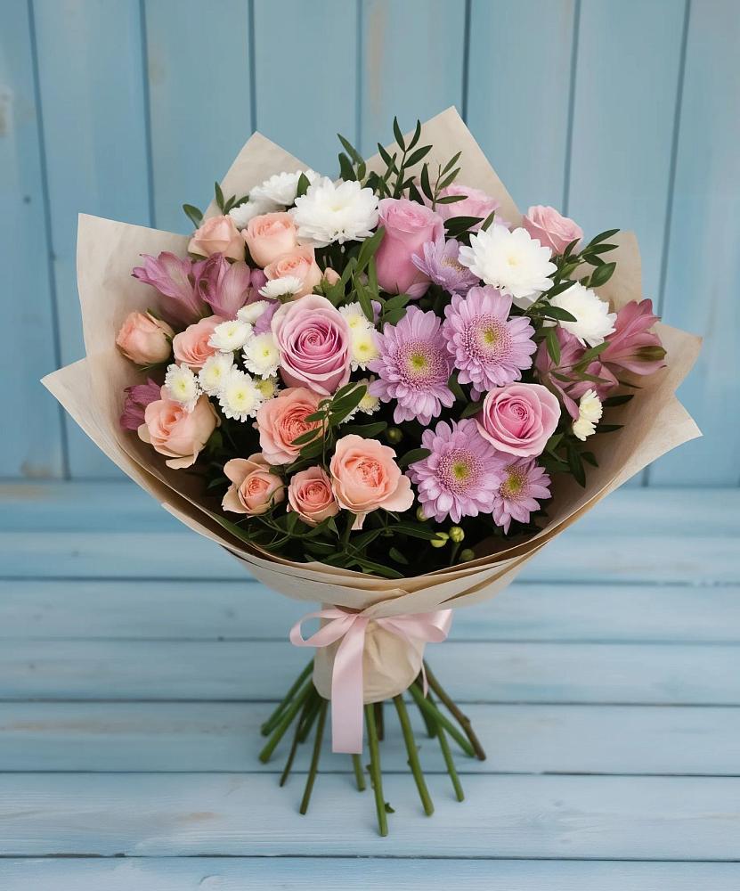 Букет цветов из: Хризантемы, Розы и Альстромерии в Новопокровской