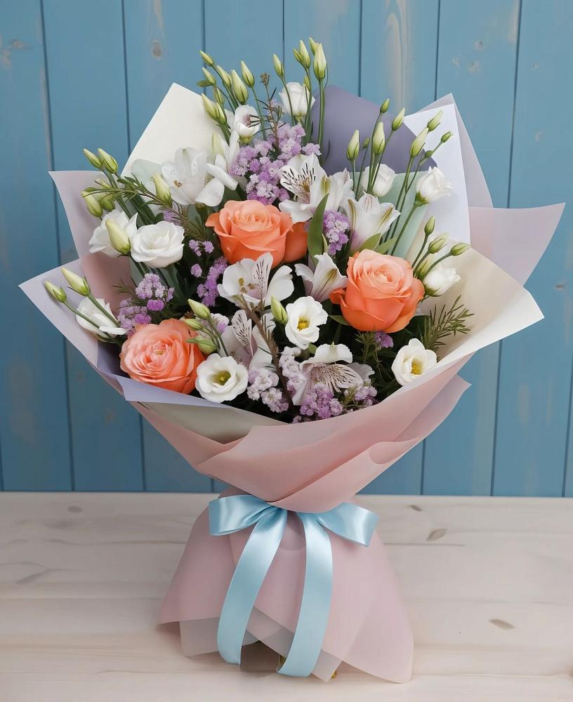 Букет цветов из: Лизиантусы, Розы, Альстромерии и Гипсофила в Новопокровской