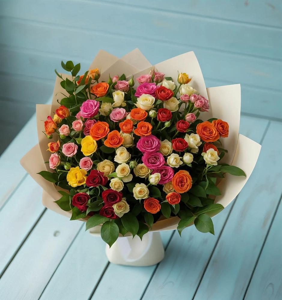 Букет Микс из разноцветных кустовых роз в Новопокровской