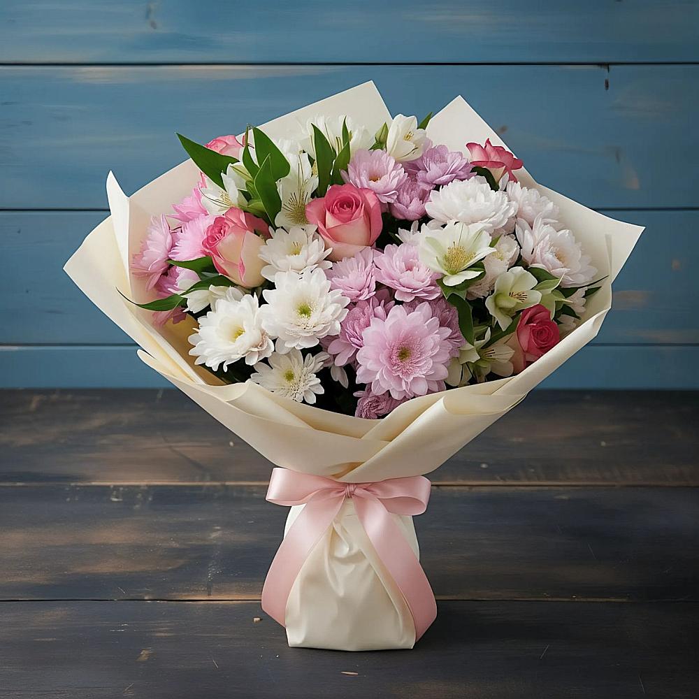 Букет цветов из: Хризантемы, Альстромерии и Розы в Новопокровской